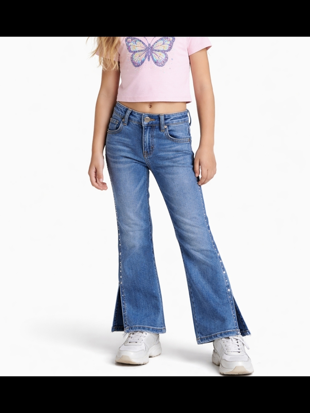 BCBGirls Blue Denim Flare Jeans 6 Studded Rhinestone Side Slit Y2K Indie Sleaze